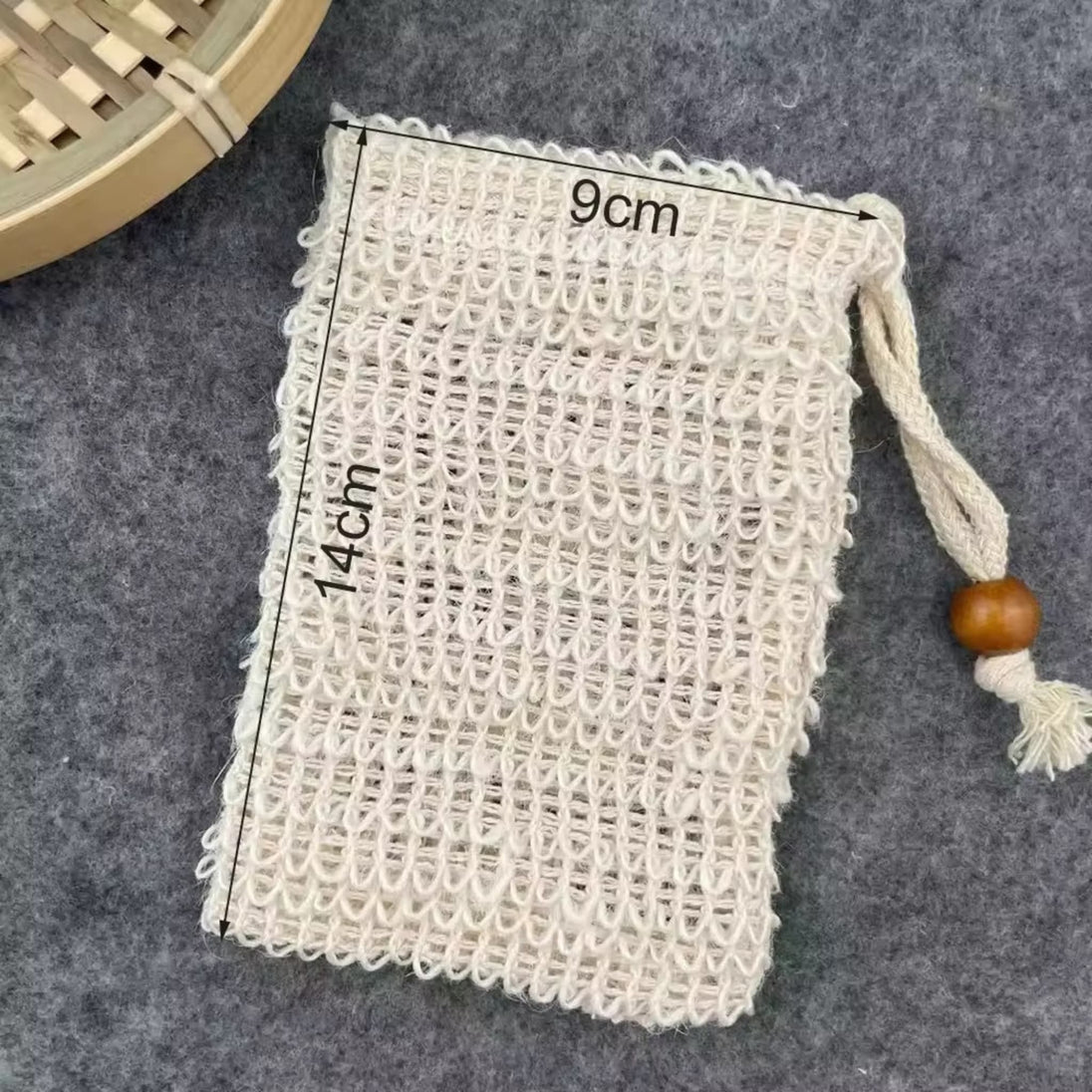 close up of natural organic sisal soap pouch with dimensions 