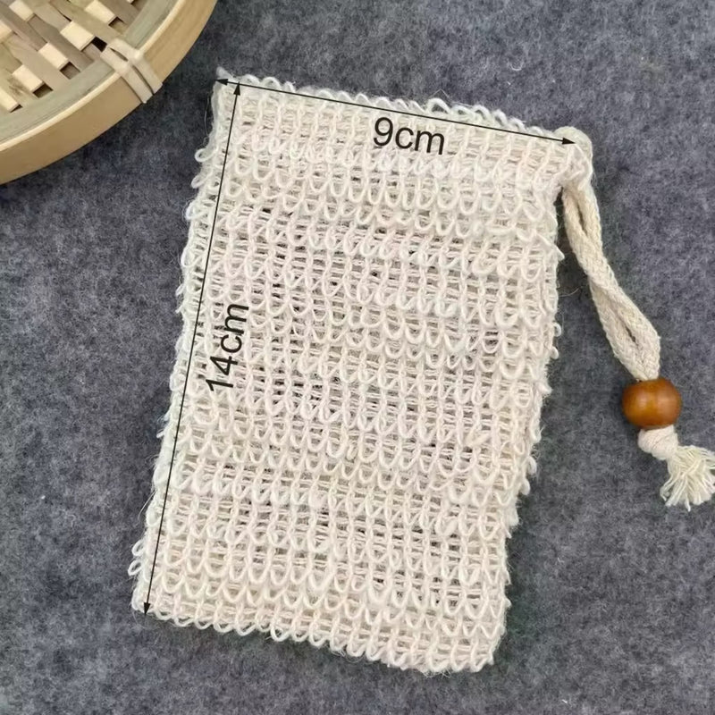 Sisal soap saver pouch showing product dimensions