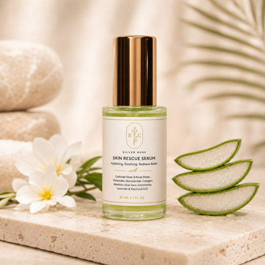 Silver Rose Skin Rescue Serum by Bubble Clinic with colloidal silver, rose water, ceramides and aloe vera in a luxury skincare product display for redness relief and sensitive skin.