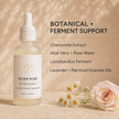 Silver Rose serum botanical and ferment formula highlights detailed with  close up of glass serum bottle styled on beige background with rose and chamomiles.