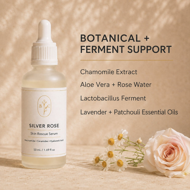 Silver Rose serum botanical and ferment formula highlights detailed with  close up of glass serum bottle styled on beige background with rose and chamomiles.