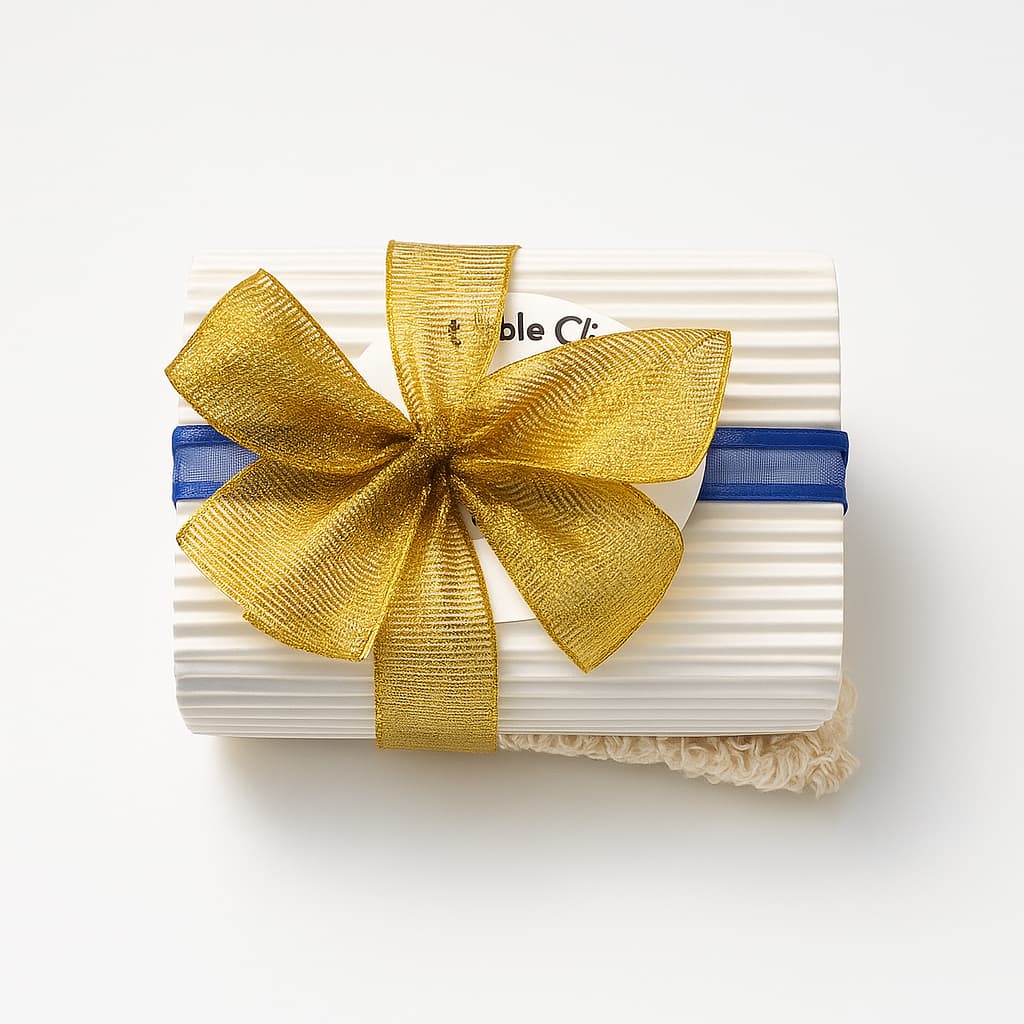 brightening kojic and turmeric soap ends bundle gift packaged with gold ribbon against light background representing best natural brightening skincare Australian made.