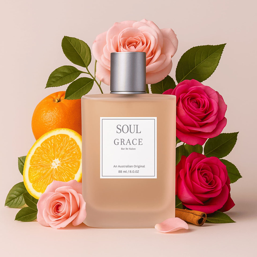 Soul Grace Roses aromatherapy Perfume bottle labeled 'Soul Grace' surrounded by roses and oranges on a beige background representing natural essential oils fragrance notes in the Australian original perfume