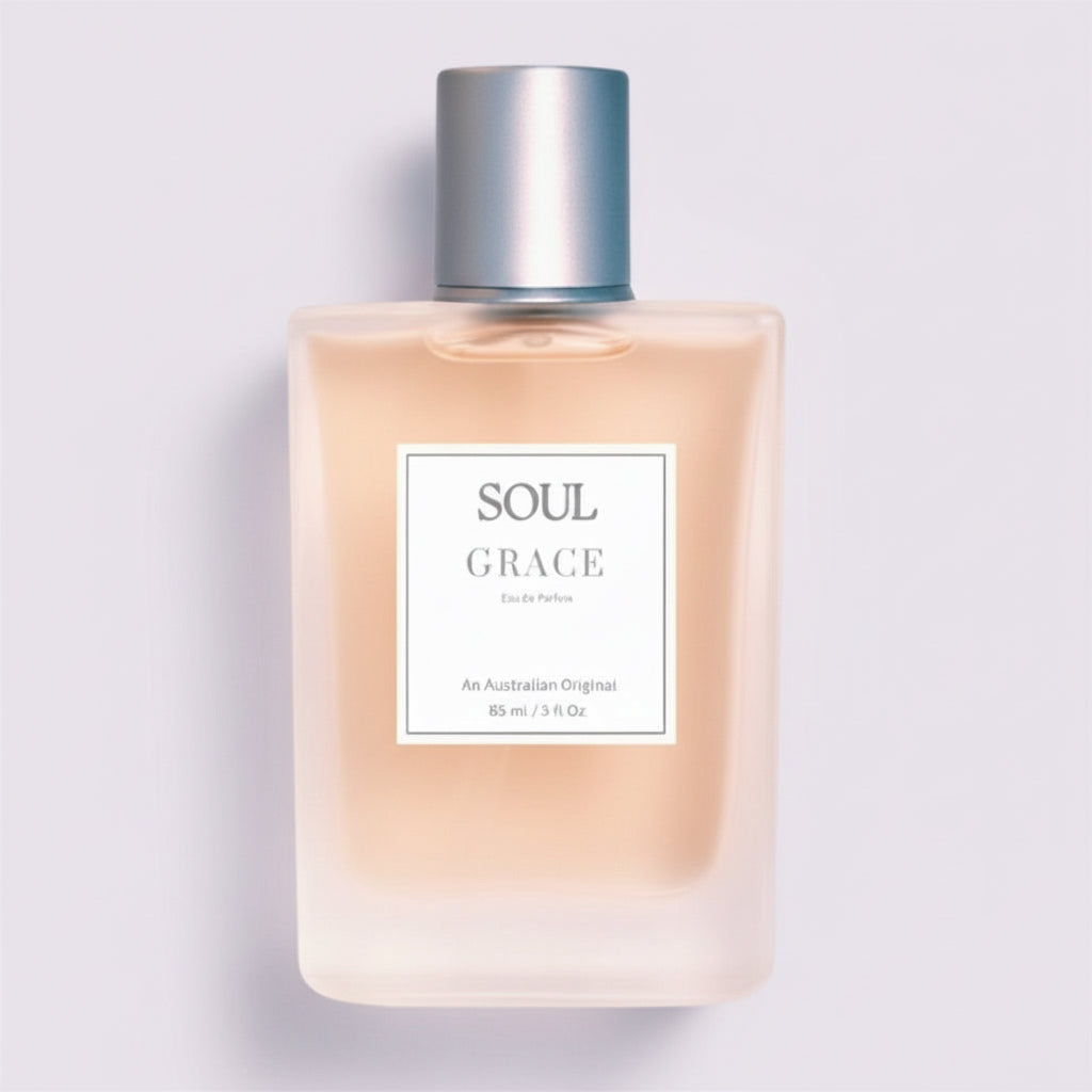 Perfume bottle 'Soul Grace' roses aromatherapy Australian perfume on a light beige background representing Australian original perfumes with essential oils.