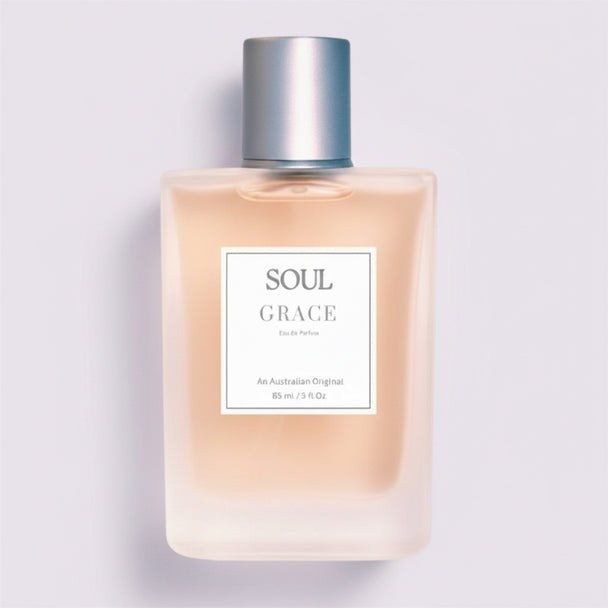 Perfume bottle 'Soul Grace' roses aromatherapy Australian perfume on a light beige background representing Australian original perfumes with essential oils.