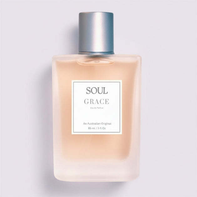 Perfume bottle 'Soul Grace' roses aromatherapy Australian perfume on a light beige background representing Australian original perfumes with essential oils.