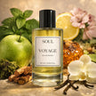 australian original Perfume bottle labeled 'Soul Voyage' surrounded by apples, oranges, and flowers representing australian original premium essential oils in the perfume on a wooden surface.