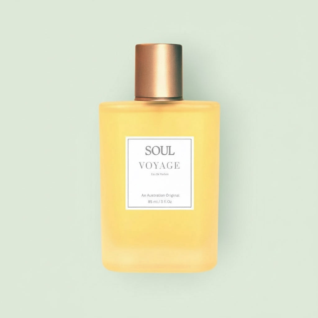 Bottle of Soul Voyage Aromatherapy Perfume with white label 85 ml on a light beige background representing natural Australian Aromatherapy Perfume with essential oils. 