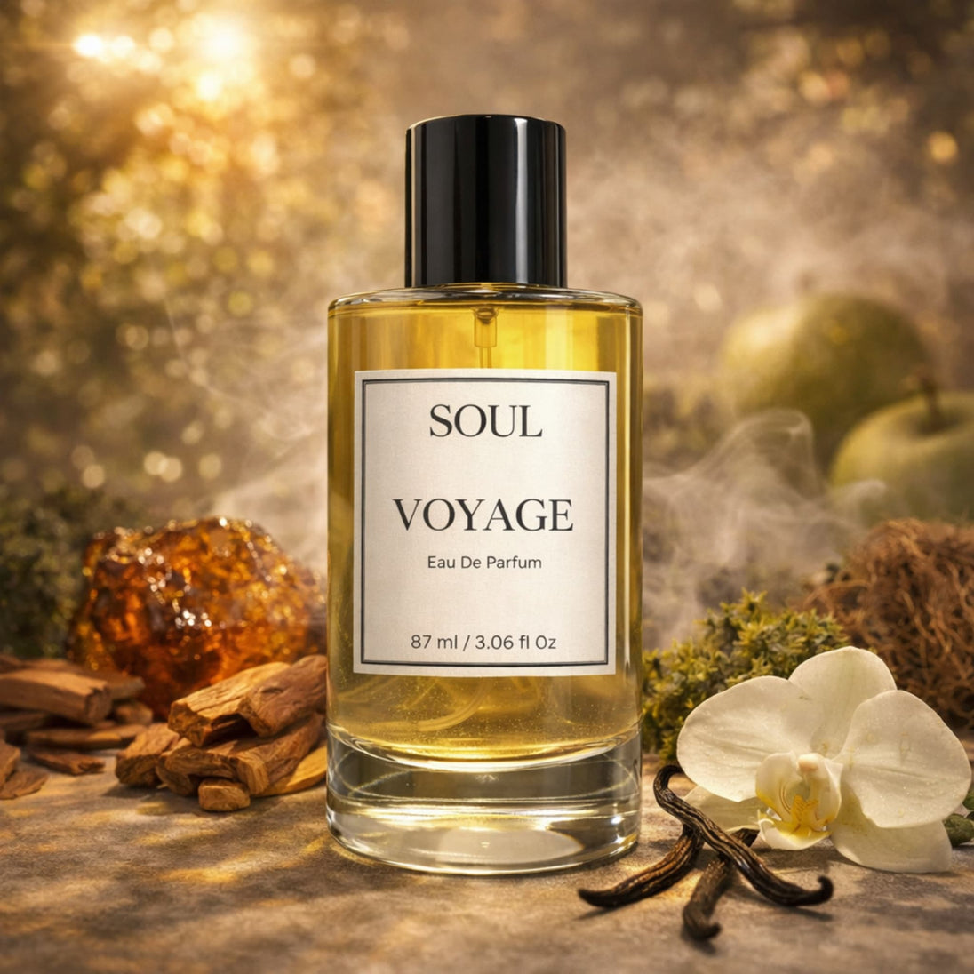 Australian original soul voyage luxury perfume bottle with florals, botanicals and fruits representing essential oils in the luxury perfume.