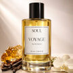 close up of soul voyage eau de parfum australian original perfume with botanicals and florals and amber representing essential oils in the perfume.