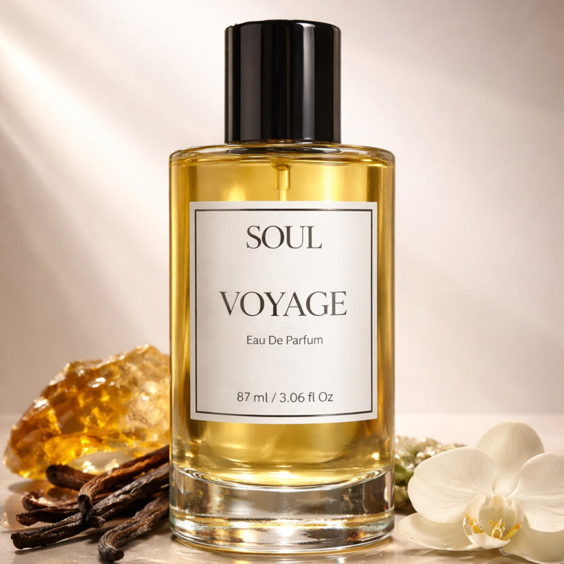 close up of soul voyage eau de parfum australian original perfume with botanicals and florals and amber representing essential oils in the perfume.