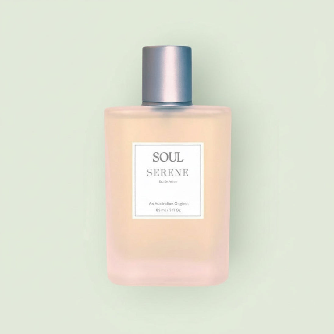 Perfume bottle labeled 'Soul Serene' on a light gray background represeenting Australian aromatherapy natural perfumes with essential oils.