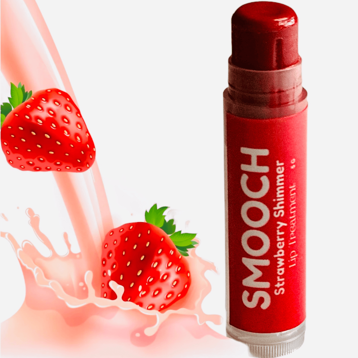 Strawberry lip balm on clean white background with fresh strawberries representing clean natural lip care.