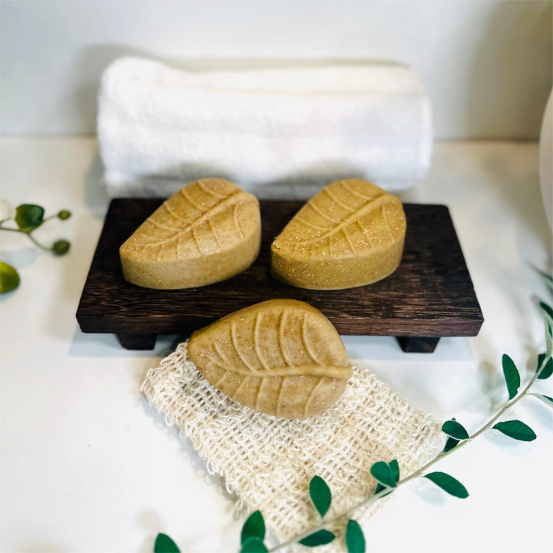 Close-up of Australian-made Ayurvedic sulphur soap bar with wheatgrass