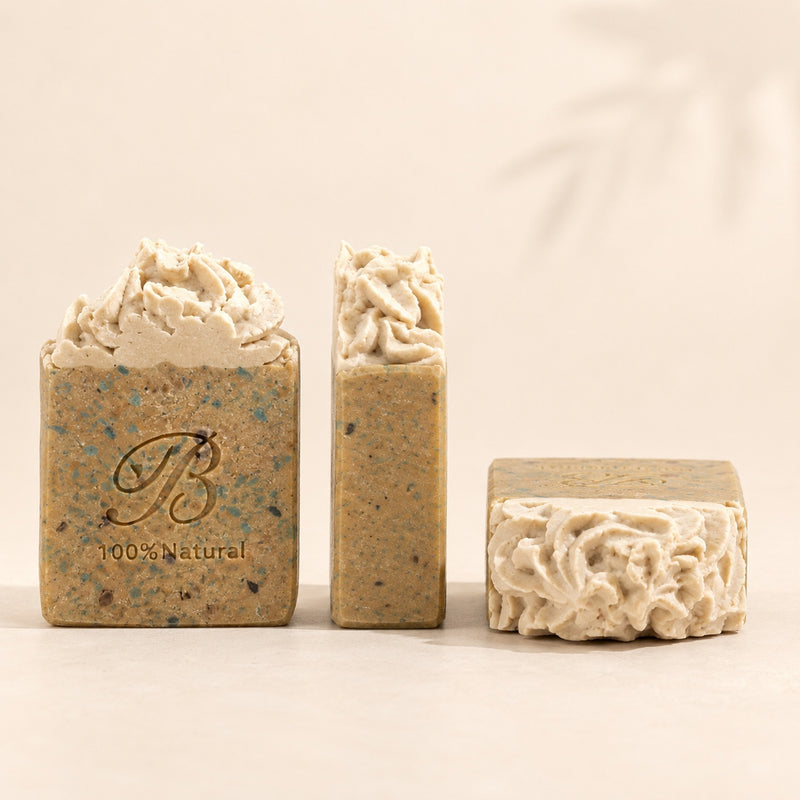 Sulphur soap Australia shown from front, side and top with 10% volcanic sulphur and MSM