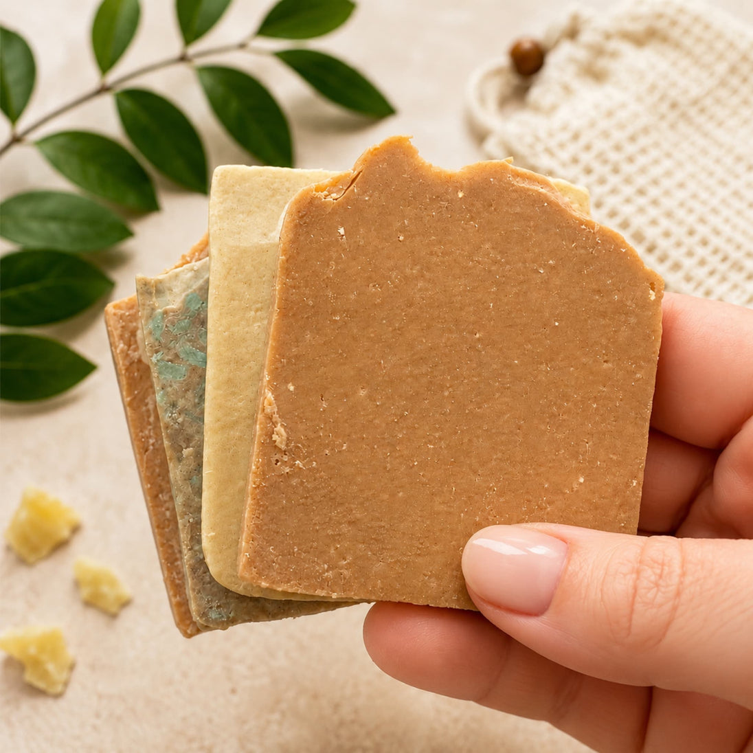 Hand holding assorted emu oil sulphur soap ends