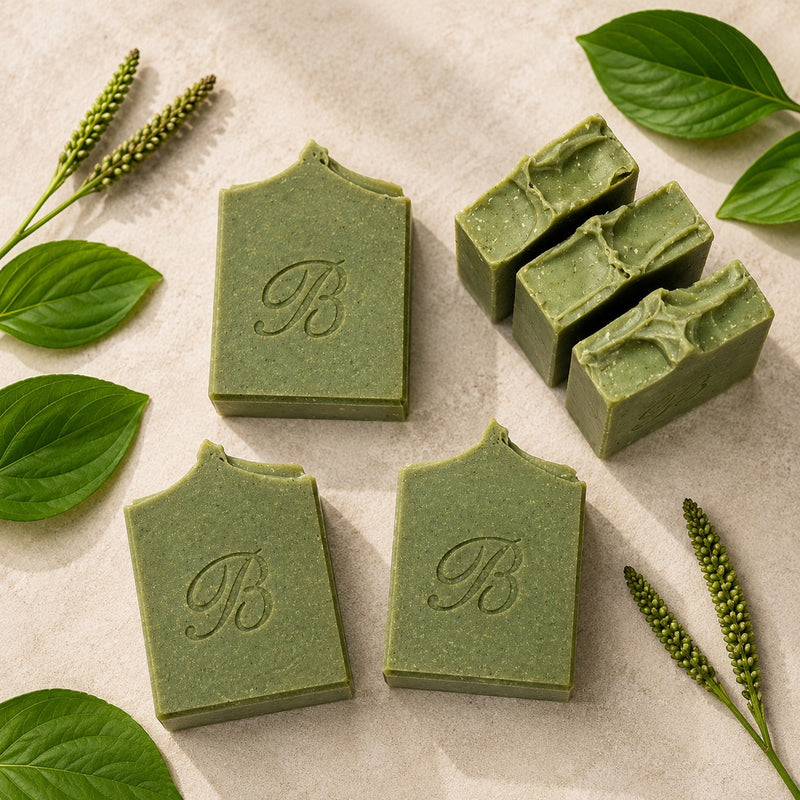 Flat lay of handmade green sulphur soap with plantain and comfrey, showing stamped bars and natural botanical texture.