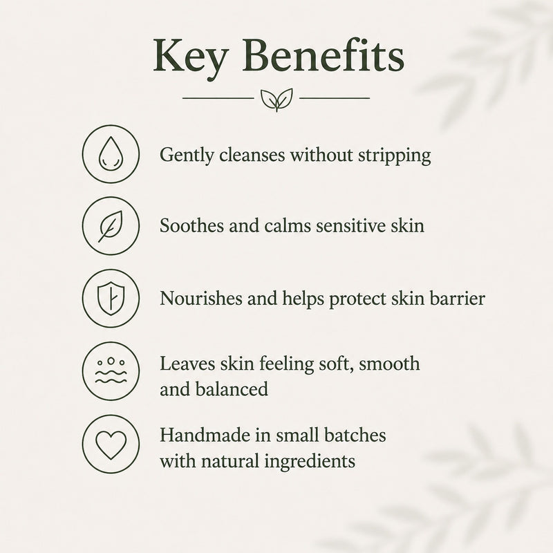 Key benefits of handmade sulphur soap with plantain and comfrey: gentle cleansing, soothing care and a conditioning skin feel.