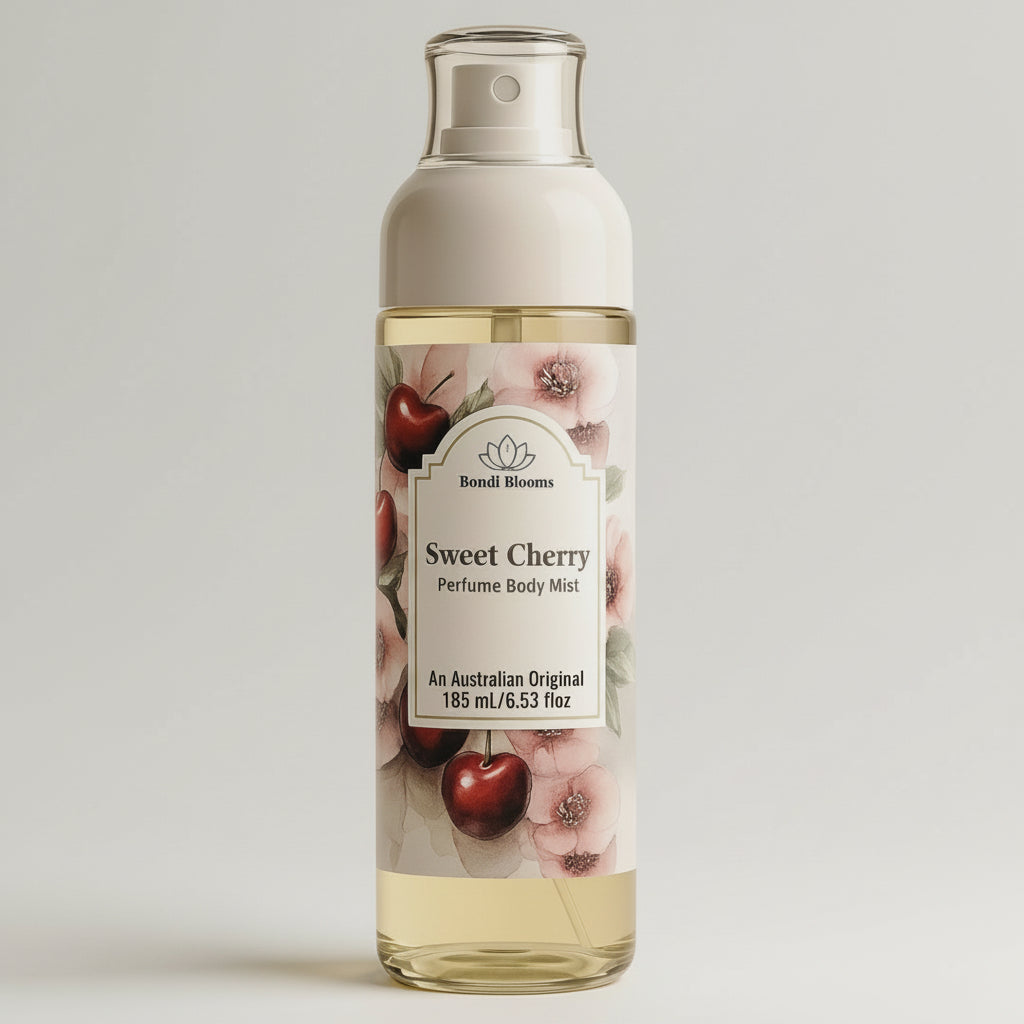 Luxurious bottle with white lid of Sweet Cherry Perfume, Body Mist, safe for hair and body, label with cherries and cherry blossom on a beige background representing best Australian Original Perfume Body Mists. 