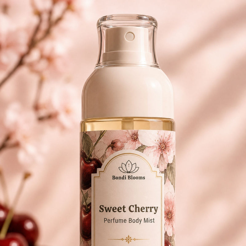 Close-up of Bubble Clinic Sweet Cherry Perfume Body Mist decorative floral label