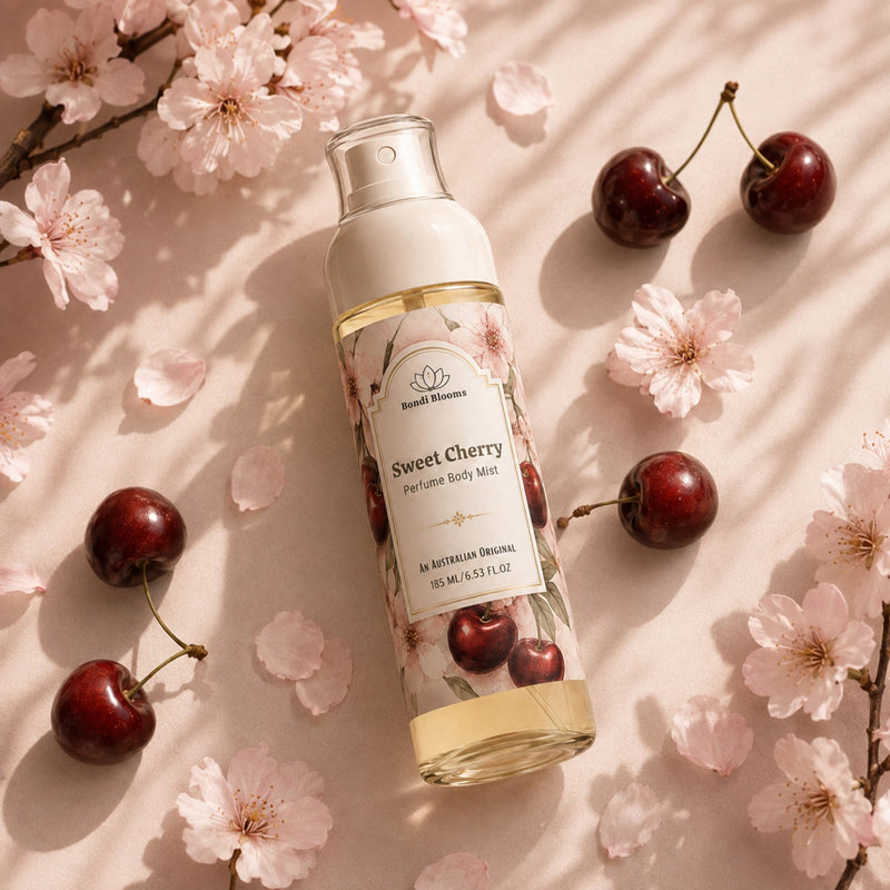 Bubble Clinic Sweet Cherry Body Mist flat lay with cherries and cherry blossom flowers