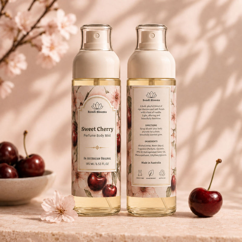 Bubble Clinic Sweet Cherry Perfume Body Mist 185 mL with cherry and blossom label