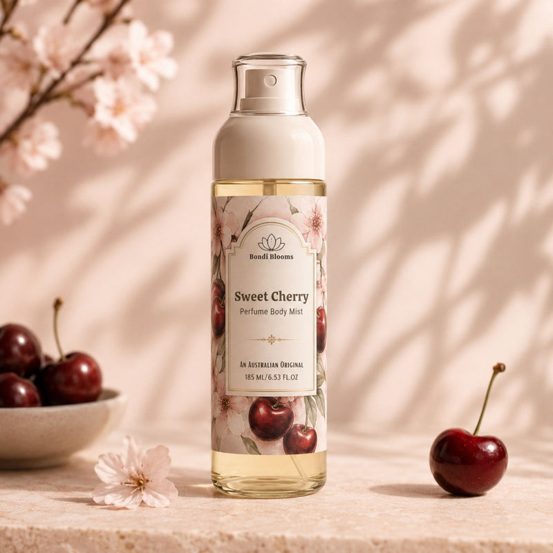 Sweet Cherry Body Mist by Bubble Clinic styled with cherries and soft pink blossoms