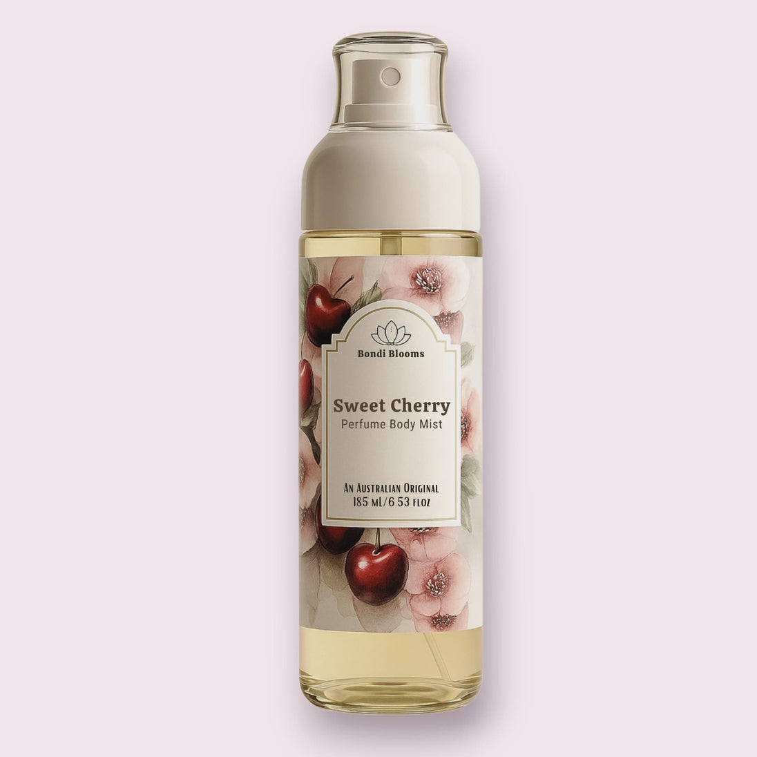 Fine-mist-Perfume body mist bottle of long lasting 'Sweet Cherry' perfume fragrance - sweet summery fragrance on a light pink background representing best Australian made perfume body fragrance mists. 