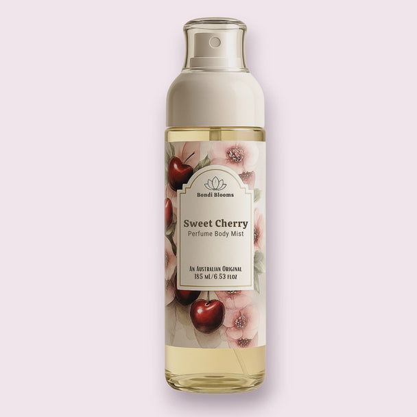 Fine-mist-Perfume body mist bottle of long lasting 'Sweet Cherry' perfume fragrance - sweet summery fragrance on a light pink background representing best Australian made perfume body fragrance mists. 