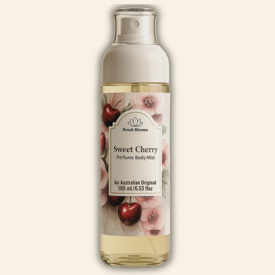 Fine-mist-Perfume body mist bottle of long lasting 'Sweet Cherry' perfume fragrance - sweet summery fragrance on a light yellow background representing best Australian made perfume body fragrance mists. 