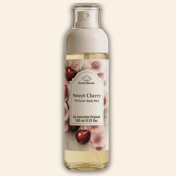 Fine-mist-Perfume body mist bottle of long lasting 'Sweet Cherry' perfume fragrance - sweet summery fragrance on a light yellow background representing best Australian made perfume body fragrance mists. 
