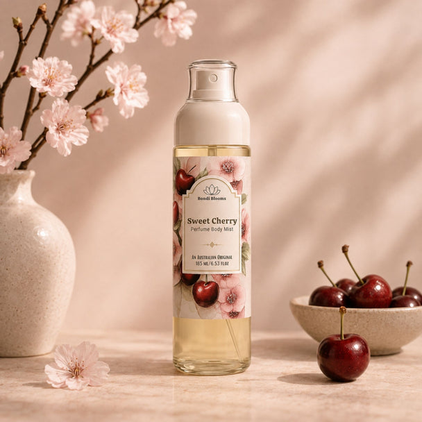 Sweet Cherry Body Mist by Bubble Clinic styled with cherries and soft pink blossoms
