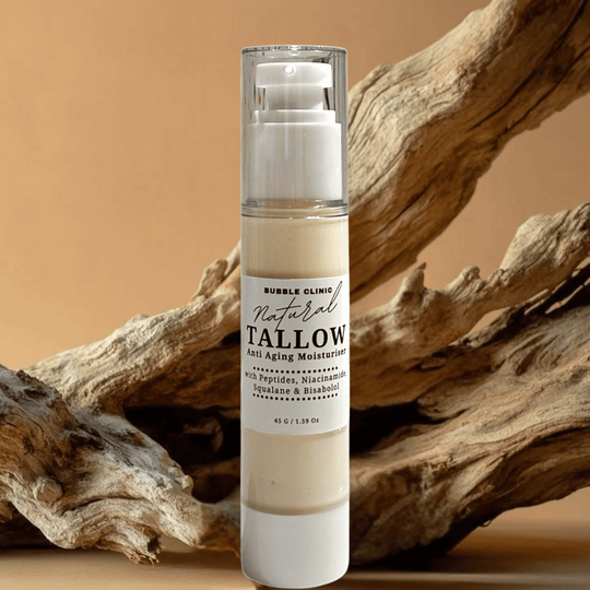 Tallow moisturiser anti aging Skincare bottle labeled 'Natural Tallow' against a natural wood background representing natural Australian Skincare