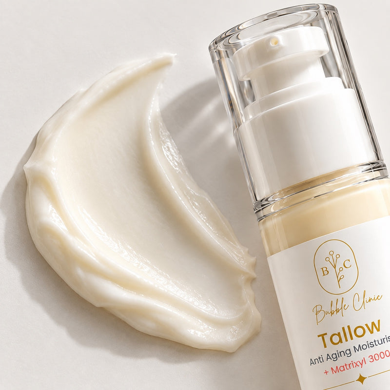 Creamy texture of Bubble Clinic tallow face cream with peptides, niacinamide and squalane