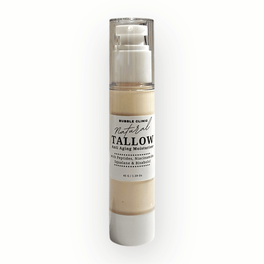 Tallow-based moisturiser with a label detailing inclusions of peptides, squalane, niacinamide and bisabolol for powerful anti-aging Australian skincare.