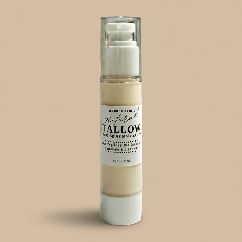 natural beef tallow Skincare bottle labeled 'Tallow' on a beige background representing natural Australian skincare