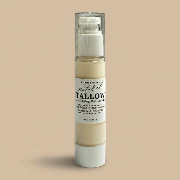 natural beef tallow Skincare bottle labeled 'Tallow' on a beige background representing natural Australian skincare