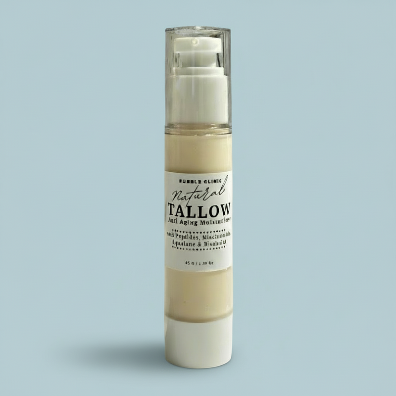 Bubble Clinic Tallow Peptide Moisturiser with niacinamide and squalane on a neutral beige background
