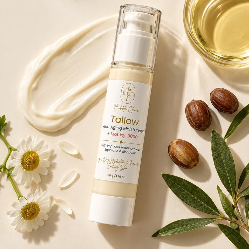 Bubble Clinic tallow peptide face cream with squalane jojoba and chamomile botanical flat lay