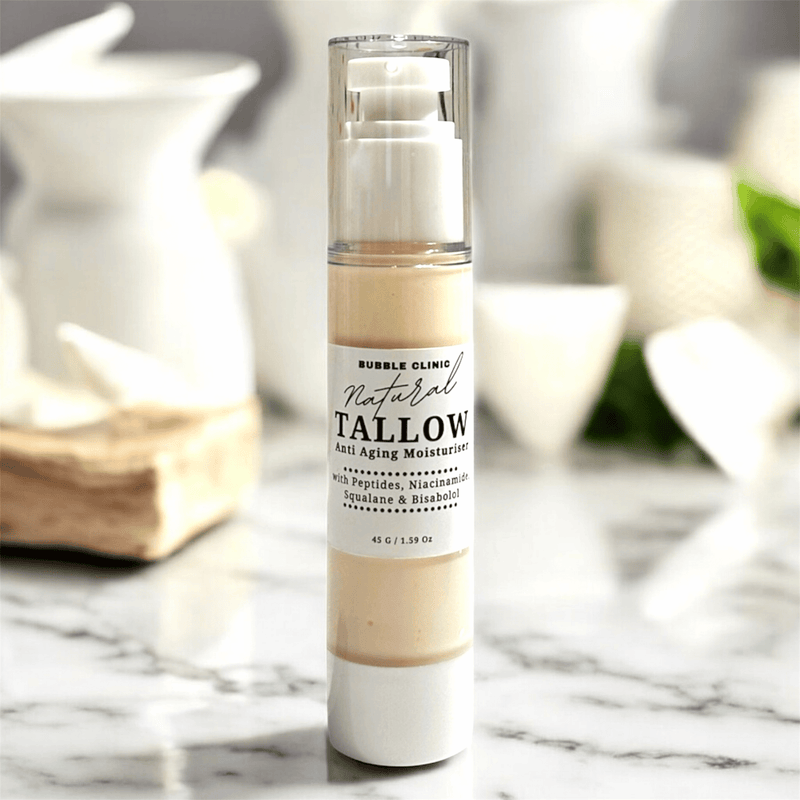 Tallow Peptide Moisturiser with peptides, squalane, bisabolol and niacinamide on a marble surface