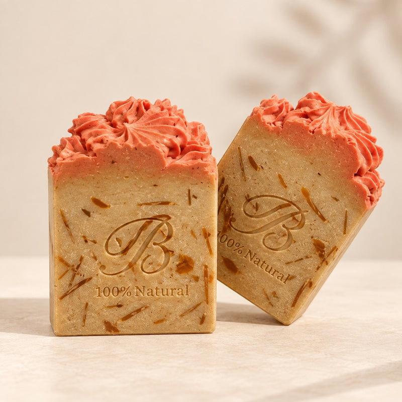 Tangerine peach sulphur and MSM soap two bar studio image with 10% volcanic sulphur handmade in Australia