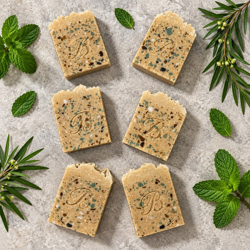 Tea tree peppermint sulphur soap Australia flat lay with 10% volcanic sulphur and MSM artisan bars