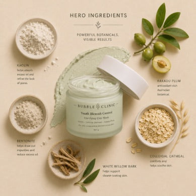 Bubble Clinic Youth Blemish Control clay mask for oily and blemish-prone skin with kaolin, bentonite, colloidal oatmeal, Kakadu plum and white willow bark Ingredients visuals.