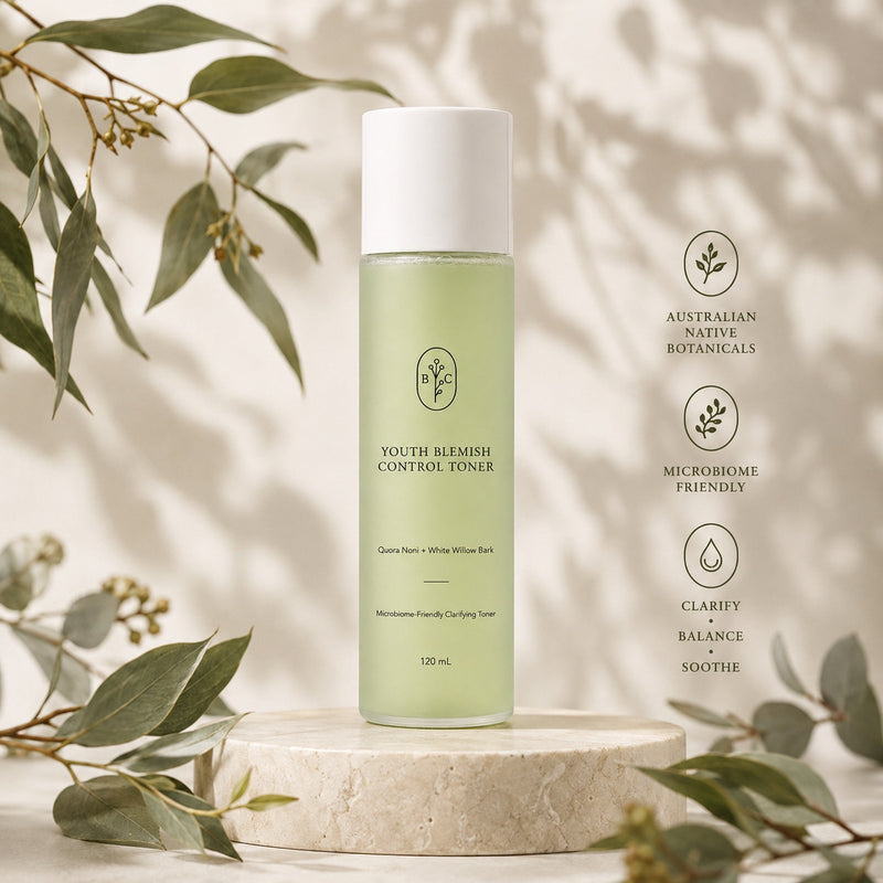Teen skincare blemish control toner with Quora Noni, Australian native botanicals and microbiome friendly clarifying benefits