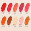 Eight cosmetic cream swatches arranged in two rows on a light beige background, each labeled with a shade name: Strawberry Ruby, Cherry Rose, Peach Nude, Berry Mauve, Watermelon Pink, Orange Tangerine, Coffee Mocha, Vanilla Cream, Vanilla Shimmer, and Honey Caramel.