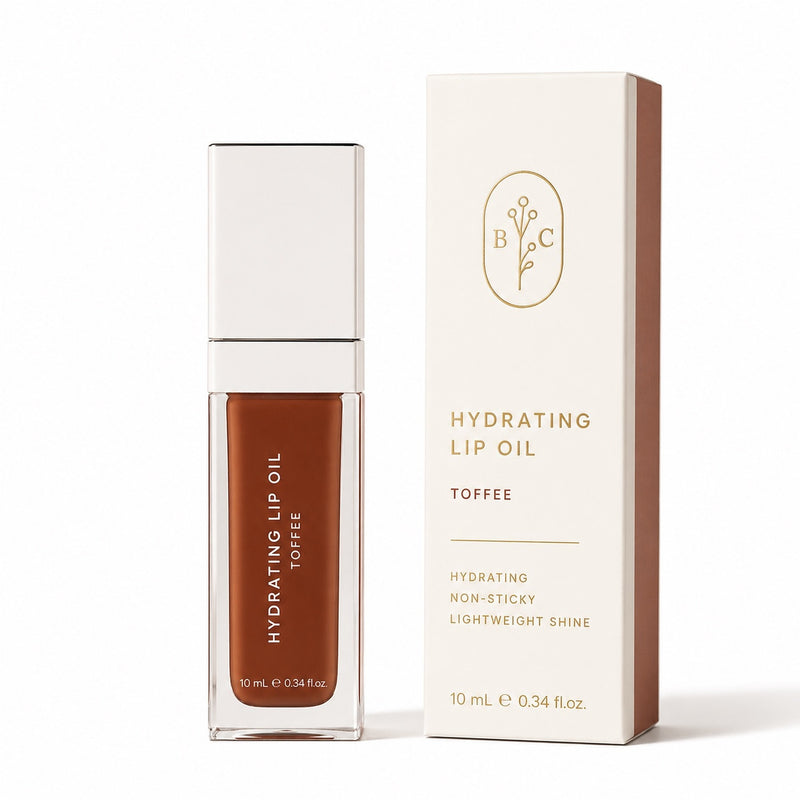 Bubble Clinic Toffee hydrating tinted lip oil 10 mL in warm caramel brown