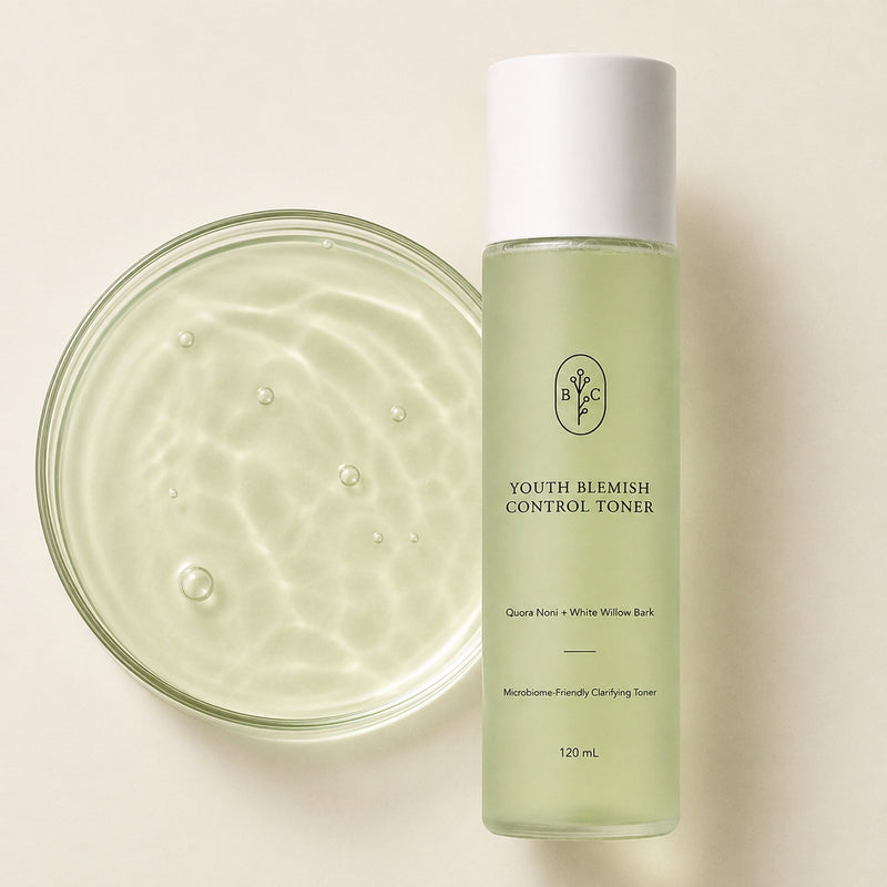 Toner for acne prone skin with lightweight watery texture and Quora Noni microbiome friendly clarifying formula