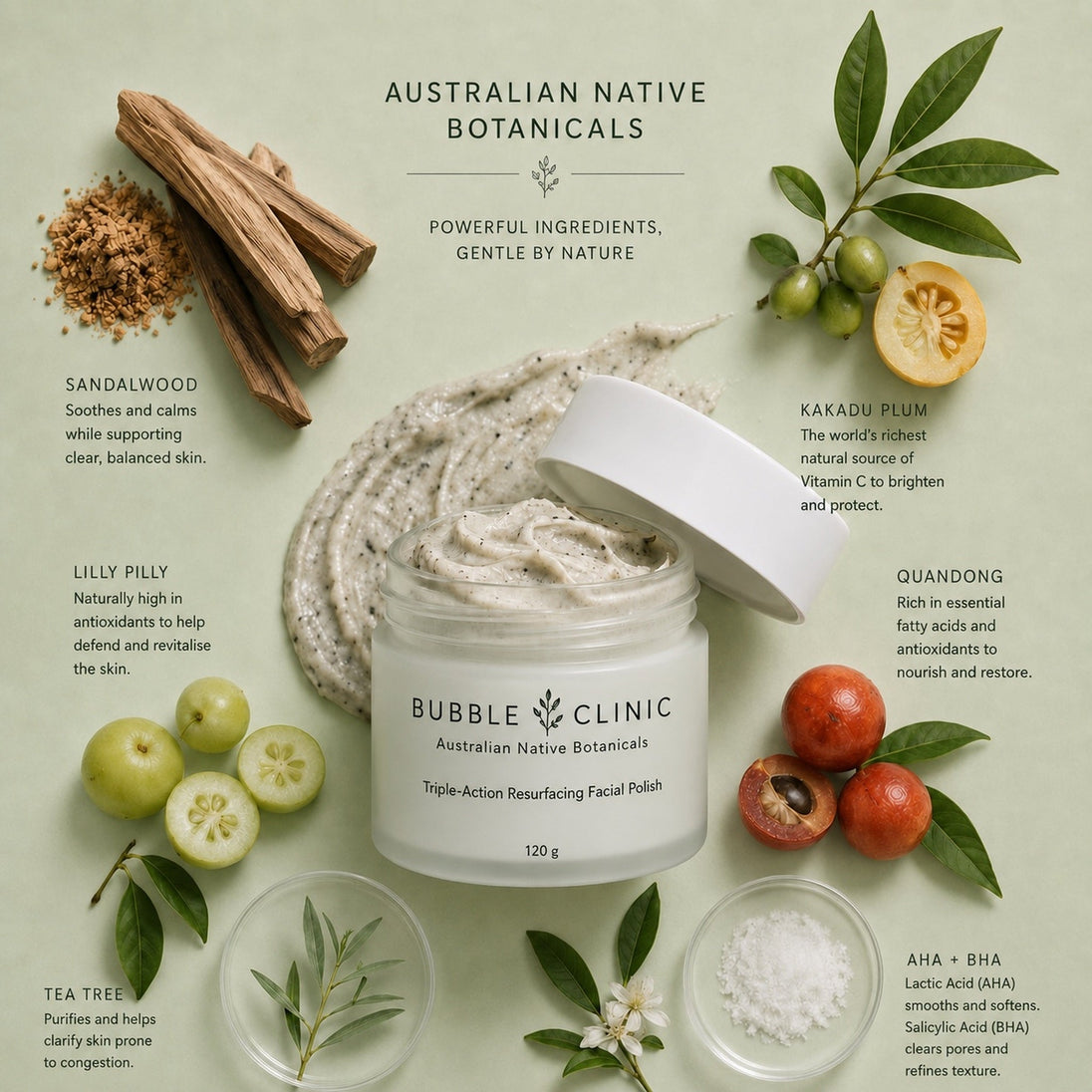 Triple-Action Resurfacing Facial Polish with Australian Sandalwood, Kakadu Plum, Lilly Pilly, Quandong, Tea Tree and AHA BHA exfoliating ingredients