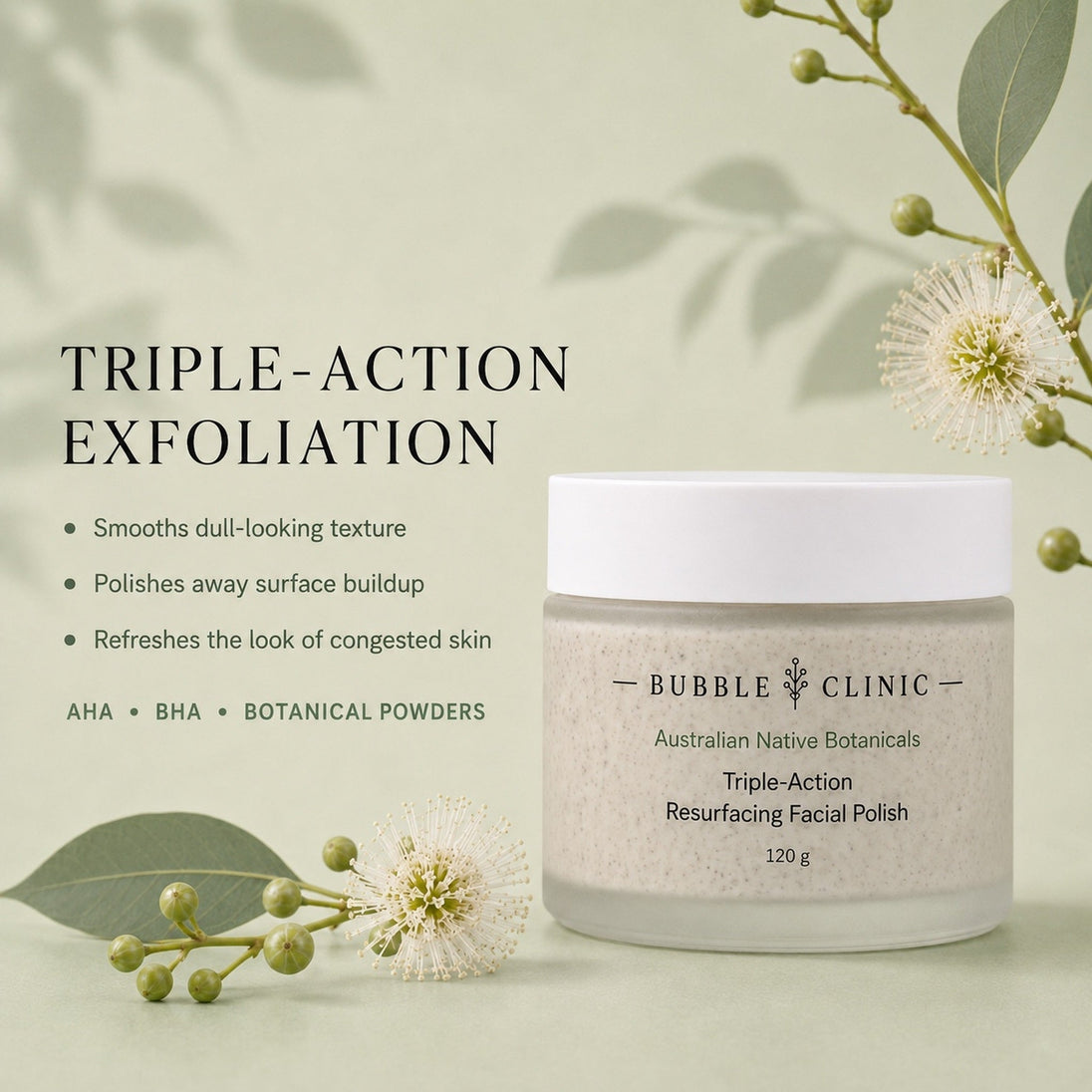 Triple-Action Resurfacing Facial Polish benefits for smoothing dull-looking texture, polishing surface buildup and refreshing congested-looking skin