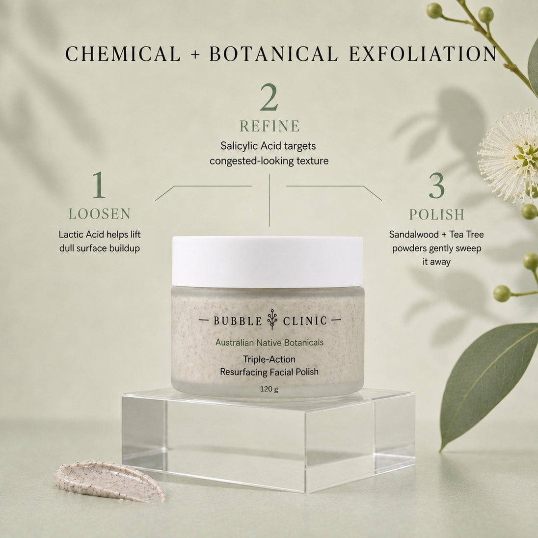 Triple-Action facial exfoliation with lactic acid AHA, salicylic acid BHA and Sandalwood and Tea Tree botanical powders